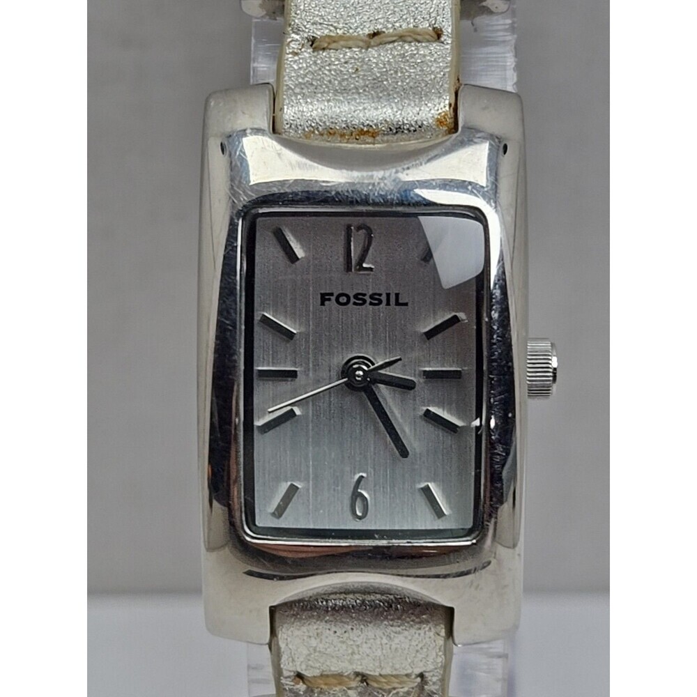 Fossil F2 ES1401 Womens Silver Link Leather Tank Watch New Battery Quartz Y2K - Picture 4 of 12